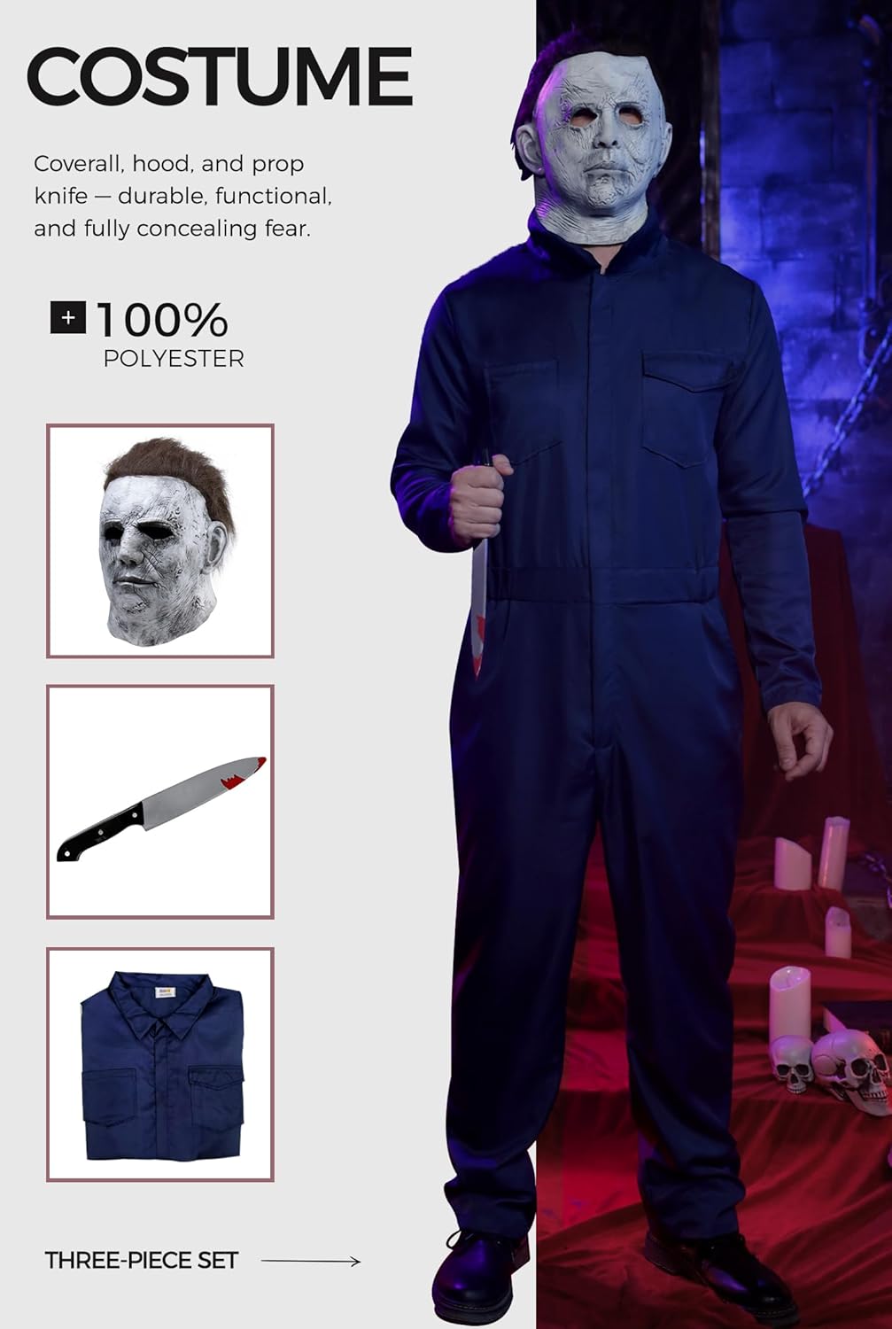Arvilhill Men 3 Pcs Myers Costume Mask Knife Jumpsuit Halloween Adult Classic Horror Killer Outfits (S-XXL) - Image 6