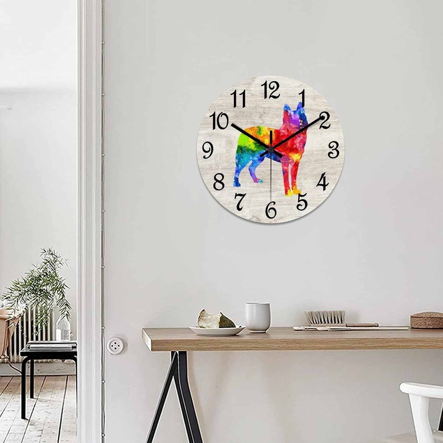Husky Wall Clock Doggy Dog Owner Wooden Wall Clocks Battery Operated 12 Inch Non-Ticking Retro Cabin Wall Decor for Kitchen Bedroom Living Room Office