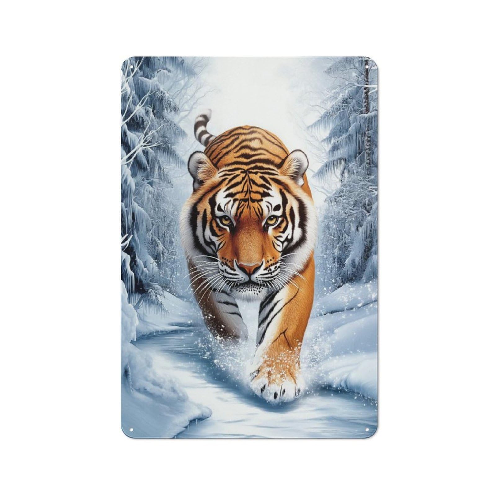 Shed Style Decorative Metal Plaque 30x20cm Featuring Siberian Tiger in Winter, Porch Wall Decor for Patio Bar, Workshop, Shed Or Kitchen