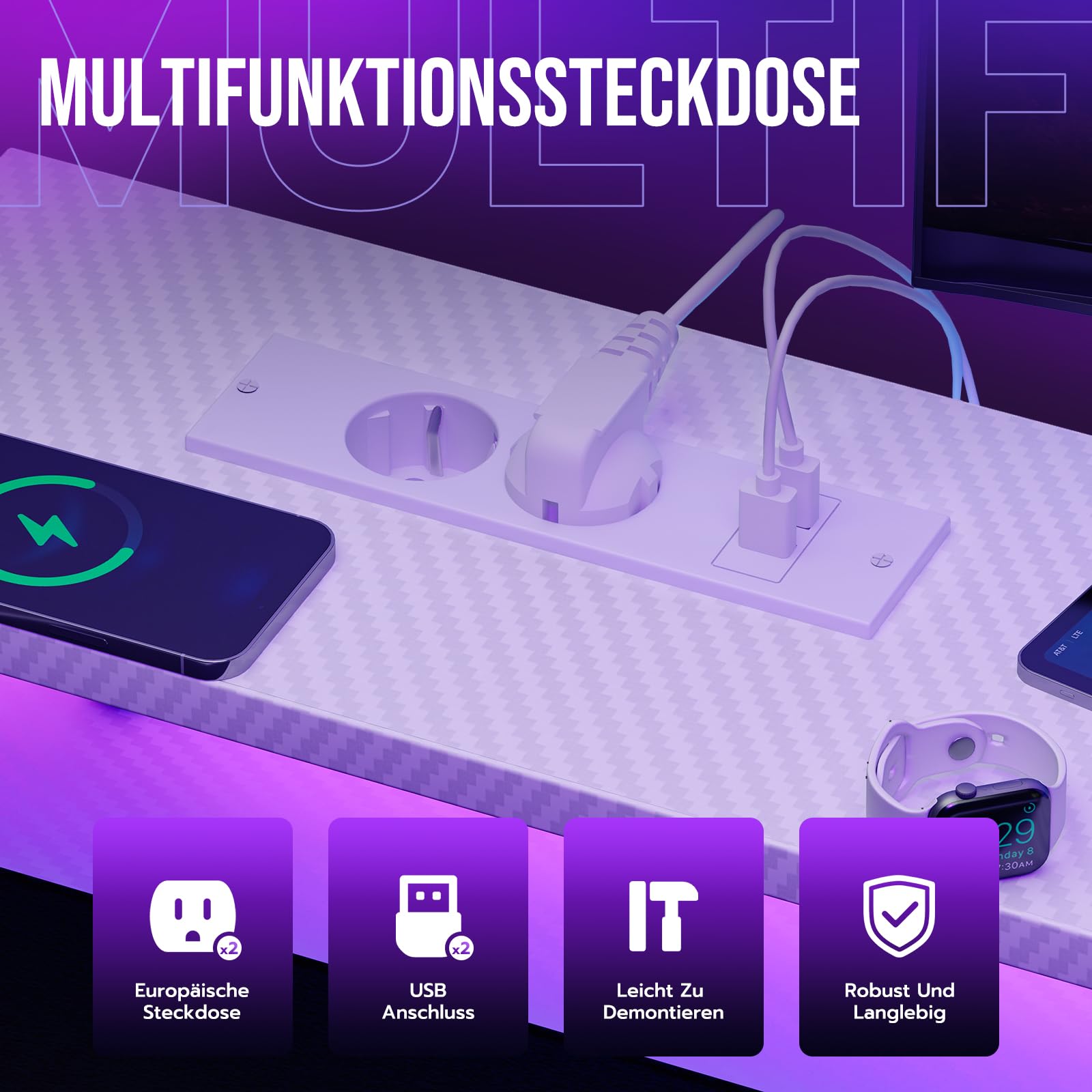 YOUDENOVA Scrivania da gioco con 4 cassetti in tessuto, 150 x 48 cm, reversibile, con LED e presa, scrivania da ufficio con supporto per monitor, porta USB, tavolo per PC per casa, ufficio e giocatori
