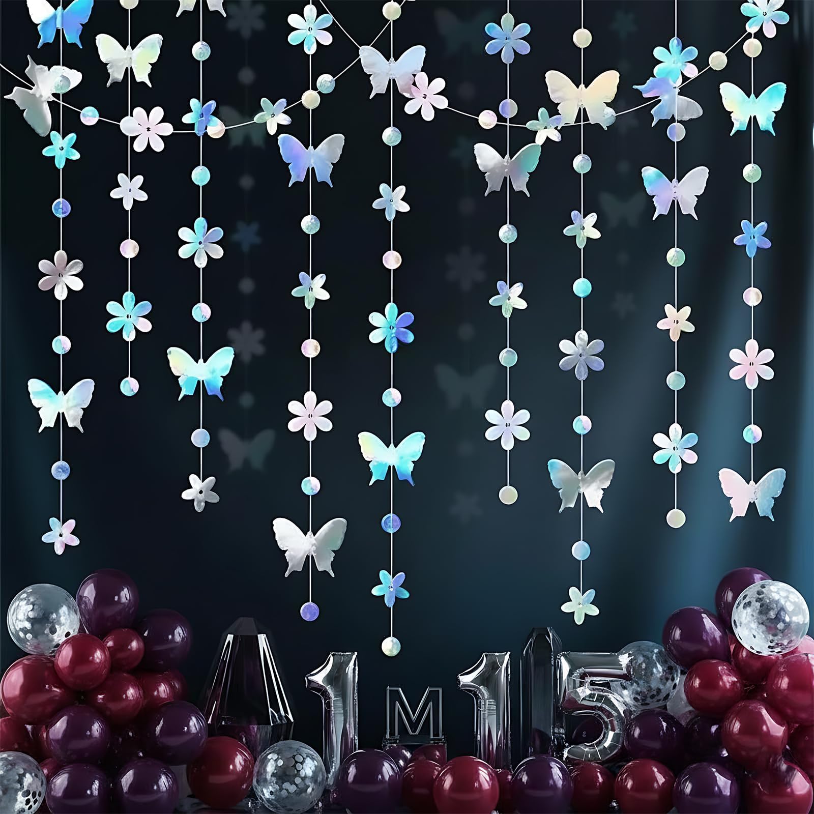 3 Pcs Butterfly Birthday Decorations, 39Ft Hanging Decorations Hanging Iridescent Party Decorations, Butterfly Decorations Multicolor Butterfly and Floral Patterns, for Home and Events