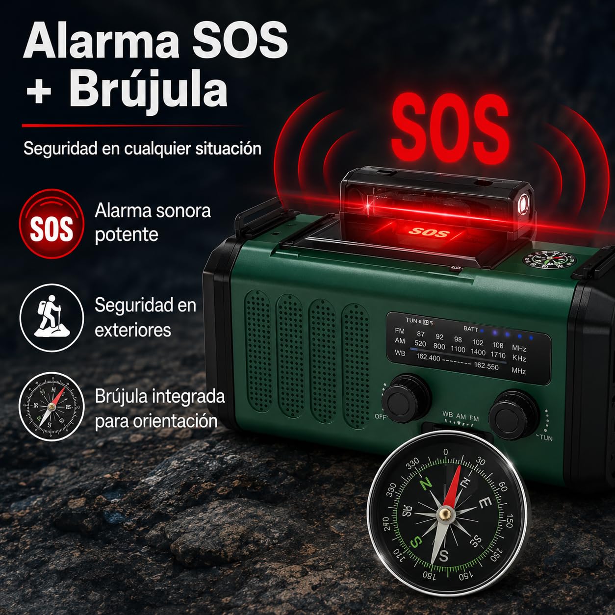 Winnes 20000 mAh Radio de Emergencia Portátil,Radio FM/Am con lámpara de Lectura, Alarma SOS, brújula,generador de manivela y Carga Solar, para Exteriores Carga de Emergencia para Smartphones (Verde)