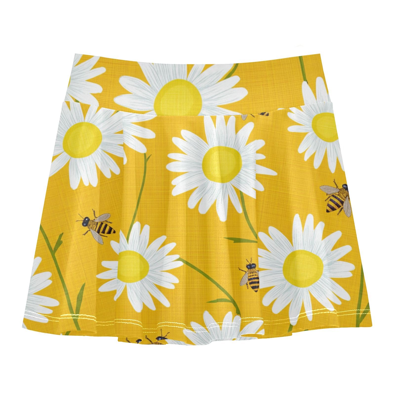 CHIFIGNO White Daisies Bees Yellow Girls' Tennis Skirt with Shorts 2-in-1 Athletic Skort Active Golf Skirts Size 9-10