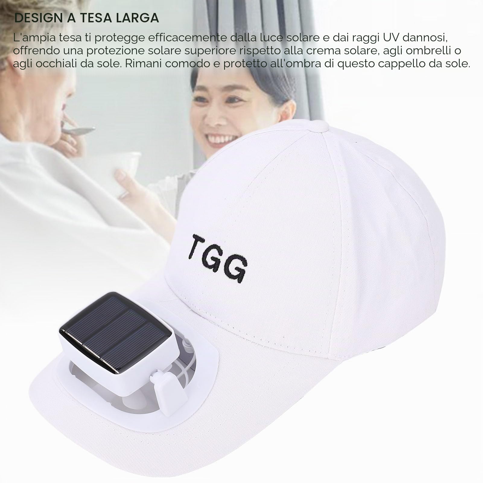 Cappello con Ventola Solare, Berretto Baseball con Tesa Larga Pale morbide Protezione UV Estiva Ricarica USB Berretto Baseball con Ventola Solare per Spiaggia Giardino Sport
