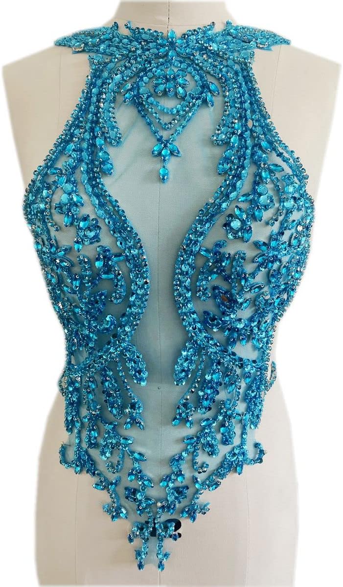 Handmade Rhinestones lace Applique handsewing Beads Trim Patches Dress Front Accessories (SkyBlue)