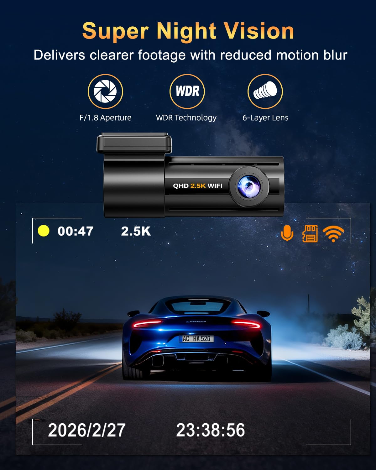 Dash Cam Auto 2.5K WiFi 5G con APP, Mini Dashcam Auto 170° Grandangolo, Telecamera per Auto 360 Gradi Rotabile, Visione Notturna WDR F1.8, G-Sensor, Loop Recording, Parking Monitor e Time-Lapse