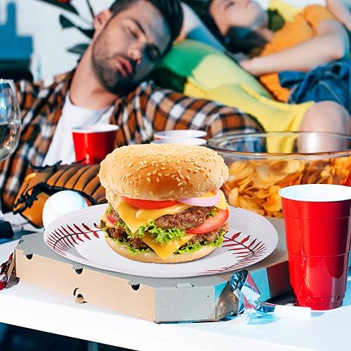 Miniatura 7 de ADXCO Paquete de 48 platos de béisbol de 9 pulgadas y 7 pulgadas, platos redondos de papel de béisbol para decoración de fiestas de cumpleaños,