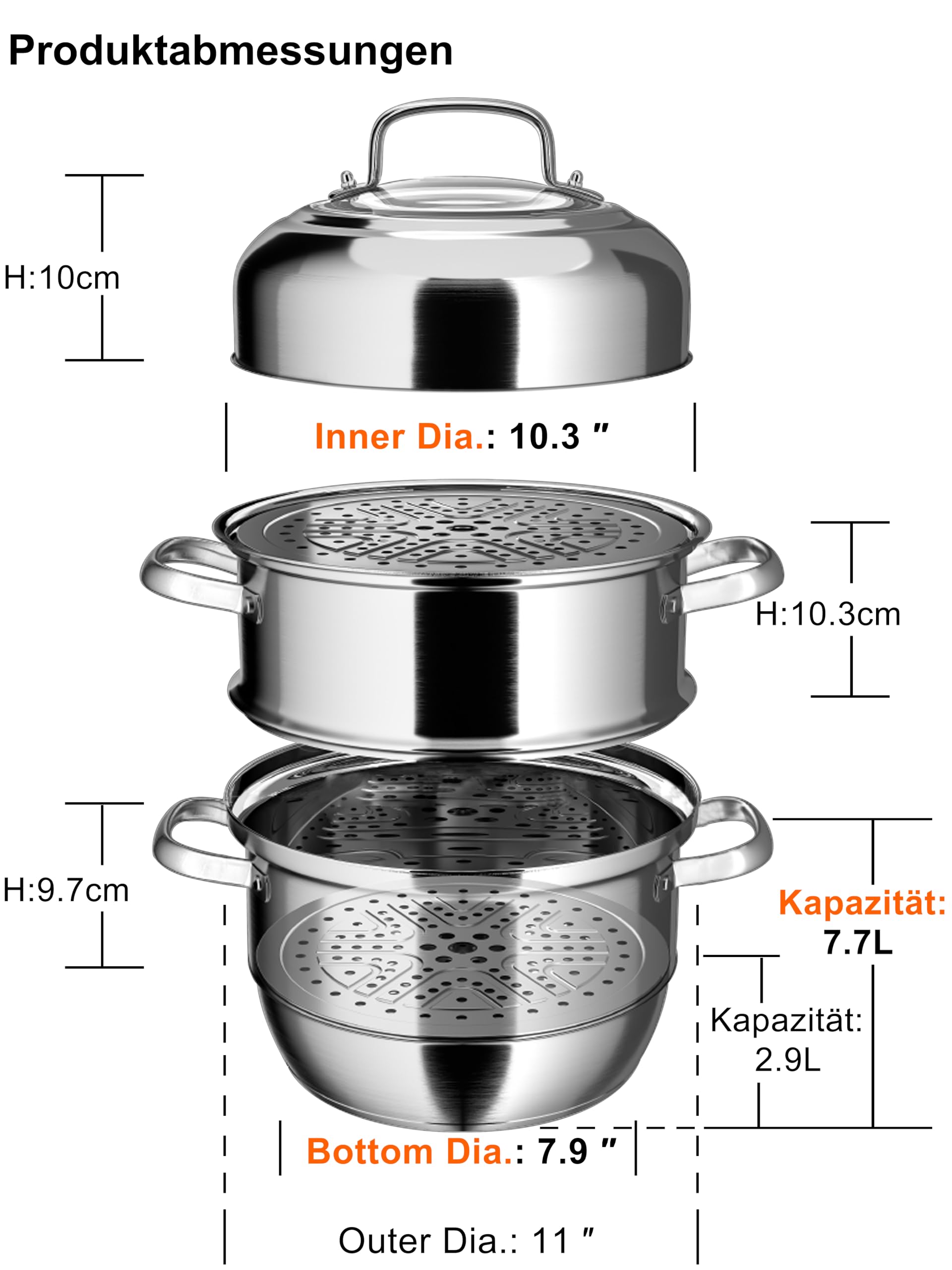 VENTION Dampfgarer Topf Induktion, Kartoffeldämpfer 28 cm, Dampfgarer Kochtopf Edelstahl 3 Etagen, Dampfgartopf, Couscous Topf 7,7L