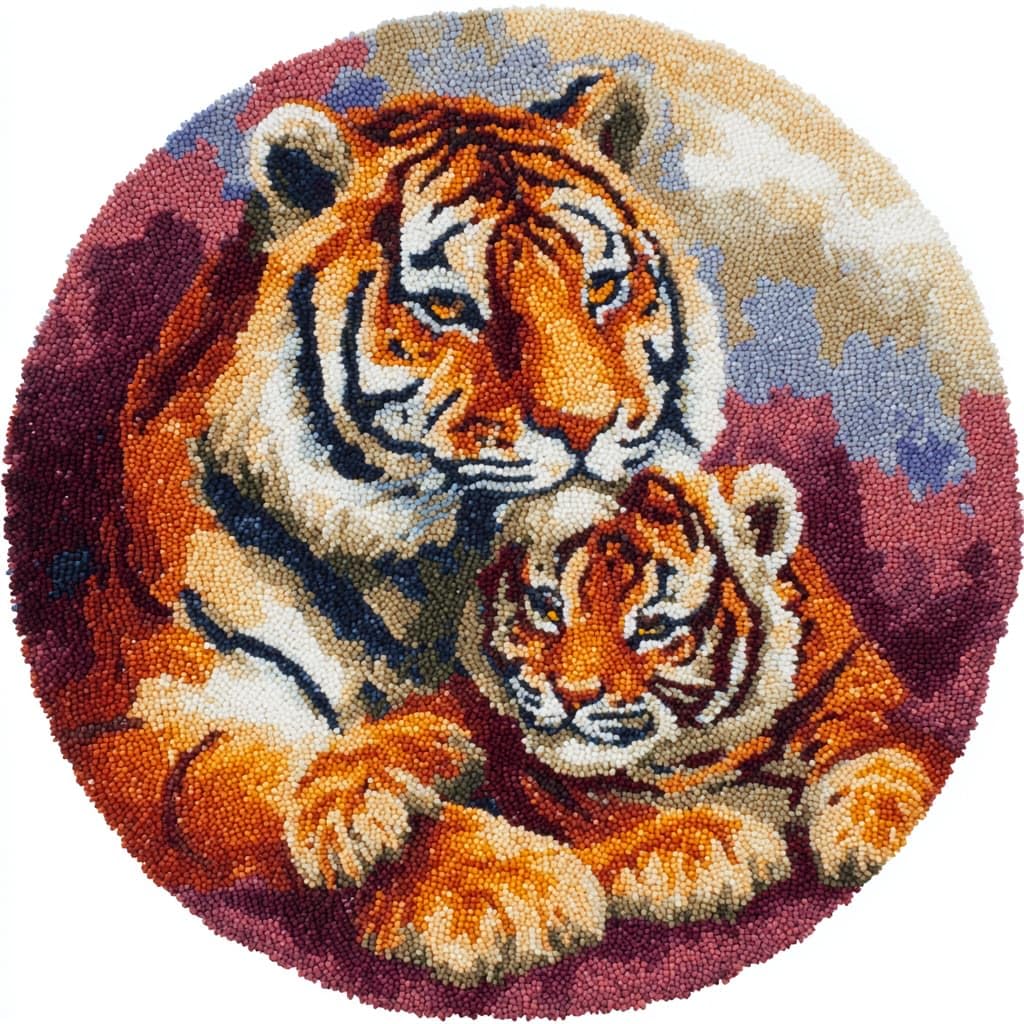WallustrioaW DIY Latch Hook Rug Kits Two Tigers Round Carpet Crochet Yarn Craft Rug Hook and Latch Tapestry for Home Decor 50x50cm