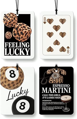 Preppy - Ambientador de coche con estampado de guepardo retro, 4 piezas, estampado de leopardo, 8 bolas de la suerte, ambientador colgante para el