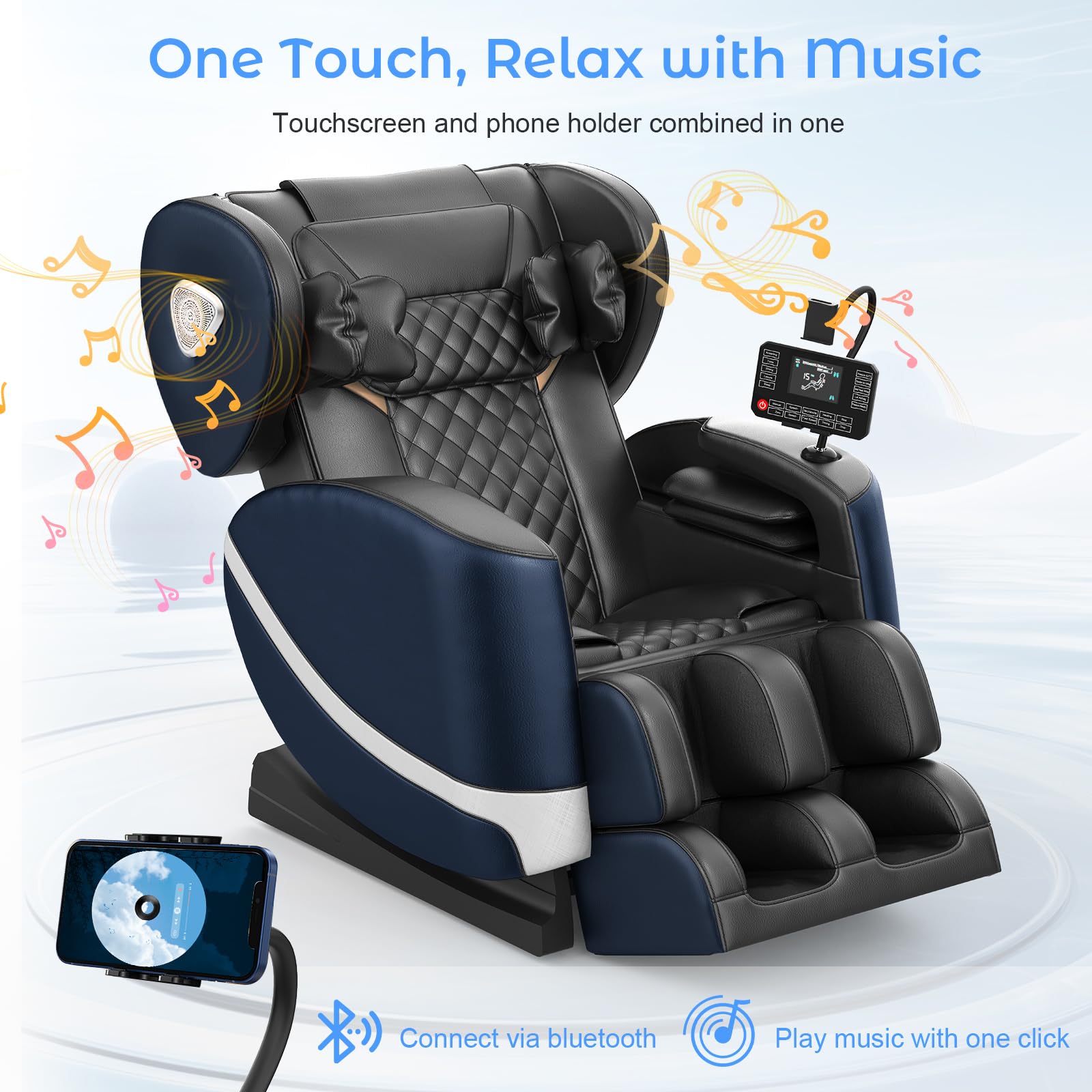 Poltrona Massaggiante per Tutto il Corpo con Rulli e Airbag, Funzione Zero Gravity, Altoparlanti Bluetooth e Touchscreen, Funzione Riscaldante per Vita e Gambe, con Massaggio Plantare (Blu + Grigio)