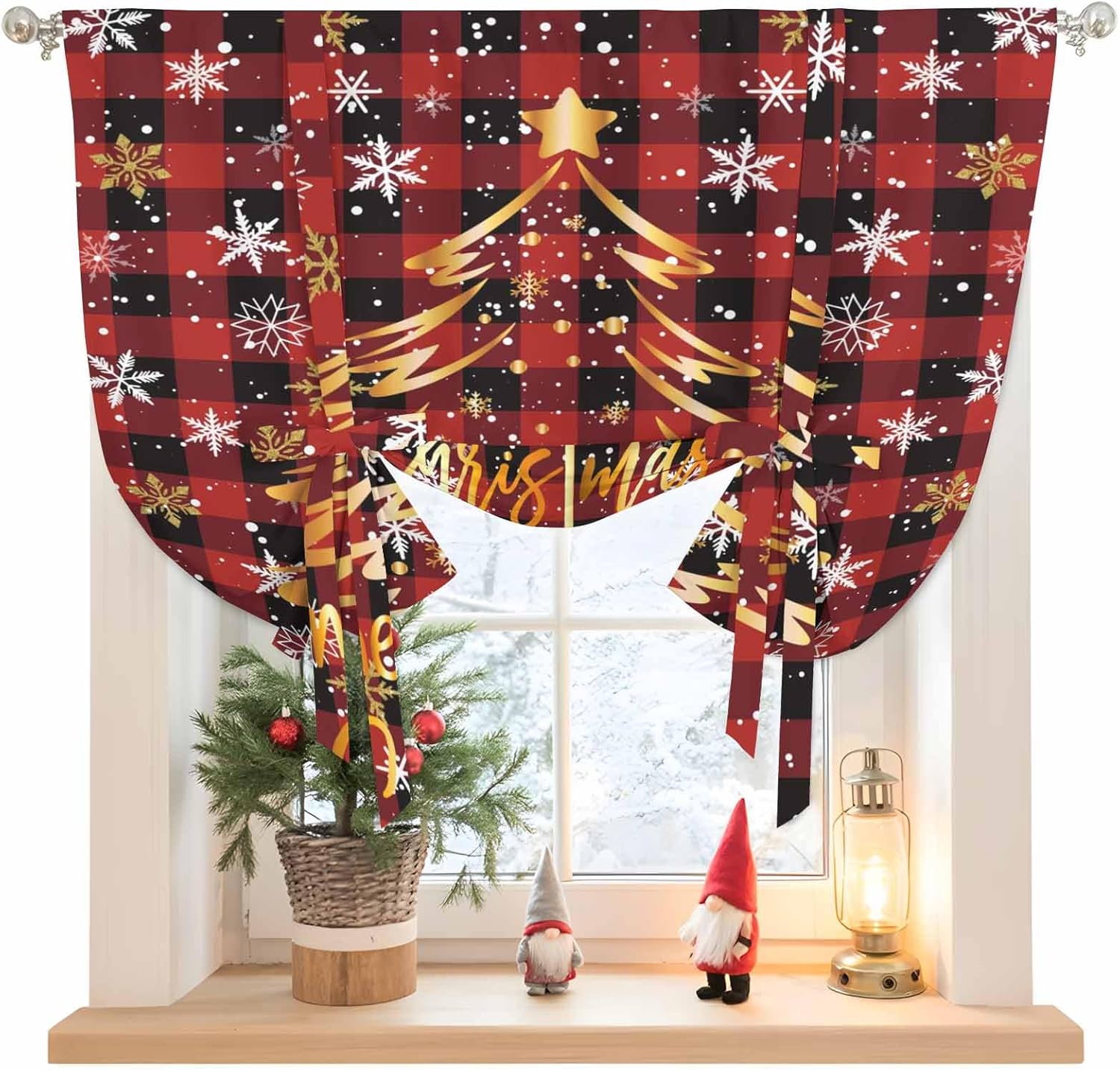 Cartoon Snowmans Tie Up Window Shade Curtain Winter Snowflake and Cardinal Kitchen Adjustable Balloon Curtains Shades Drape 46x63In for Living Room/Bedroom/Cafe Windows Grey