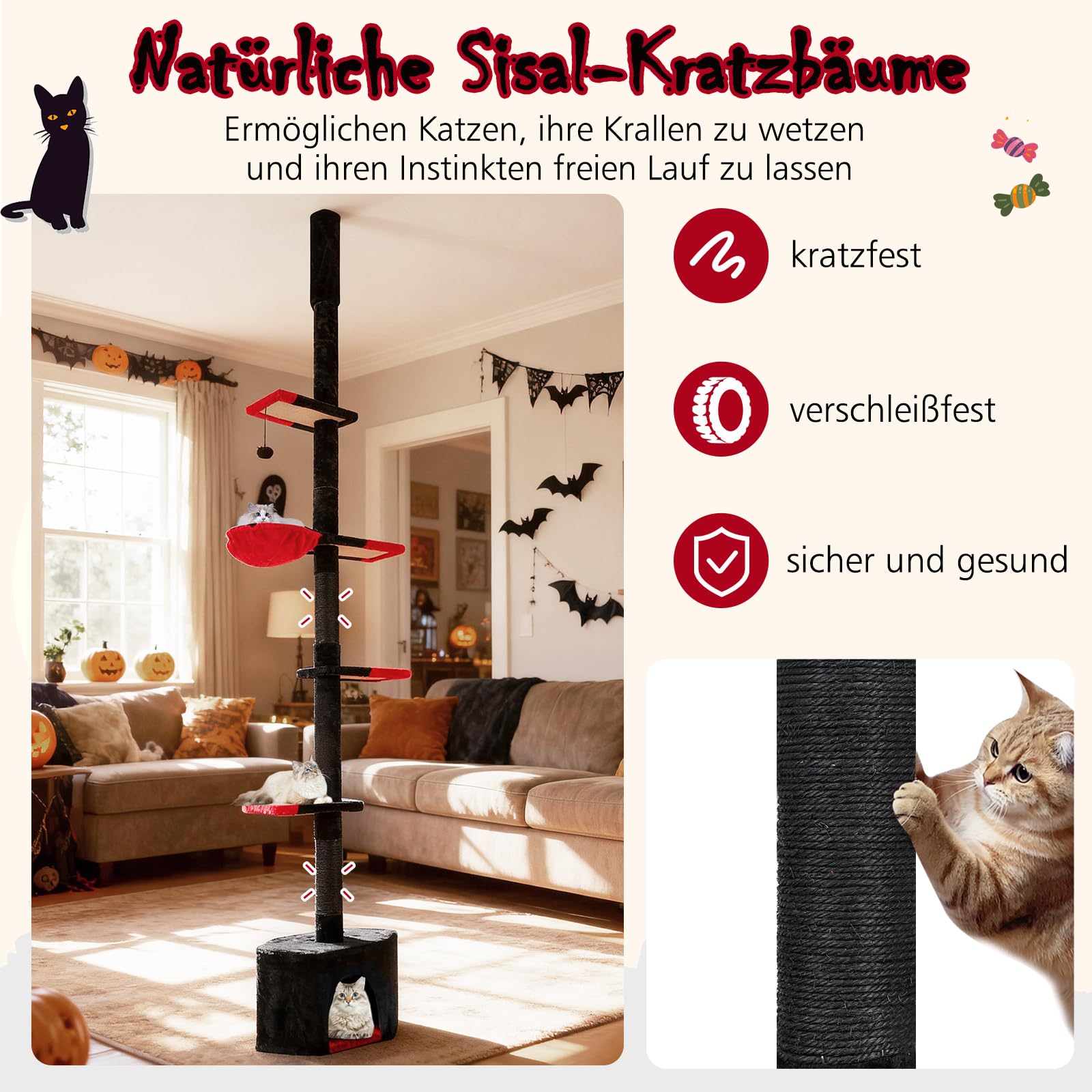 COSTWAY Drapak na sufit, 245-300 cm, od podłogi do sufitu, gotycki Halloween, 5-piętrowy drapak dla kotów, drapak na dużą wysokość, drzewo do wspinaczki z sizalowymi słupami, koszykiem, jaskinią i