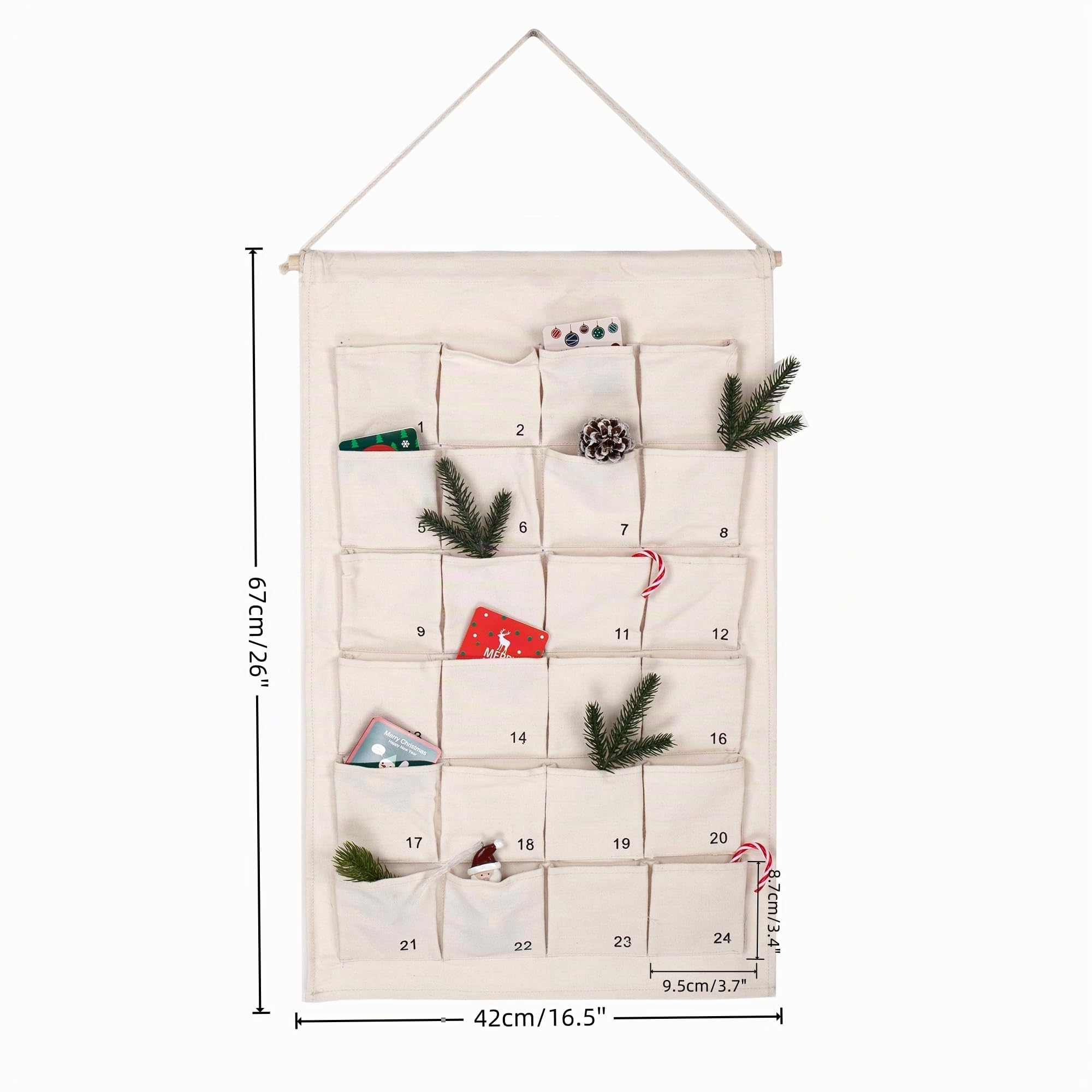 Calendario dell'Avvento in tessuto con 24 tasche numerate, 67 x 42 cm, bianco da appendere, da riempire per ornamenti natalizi