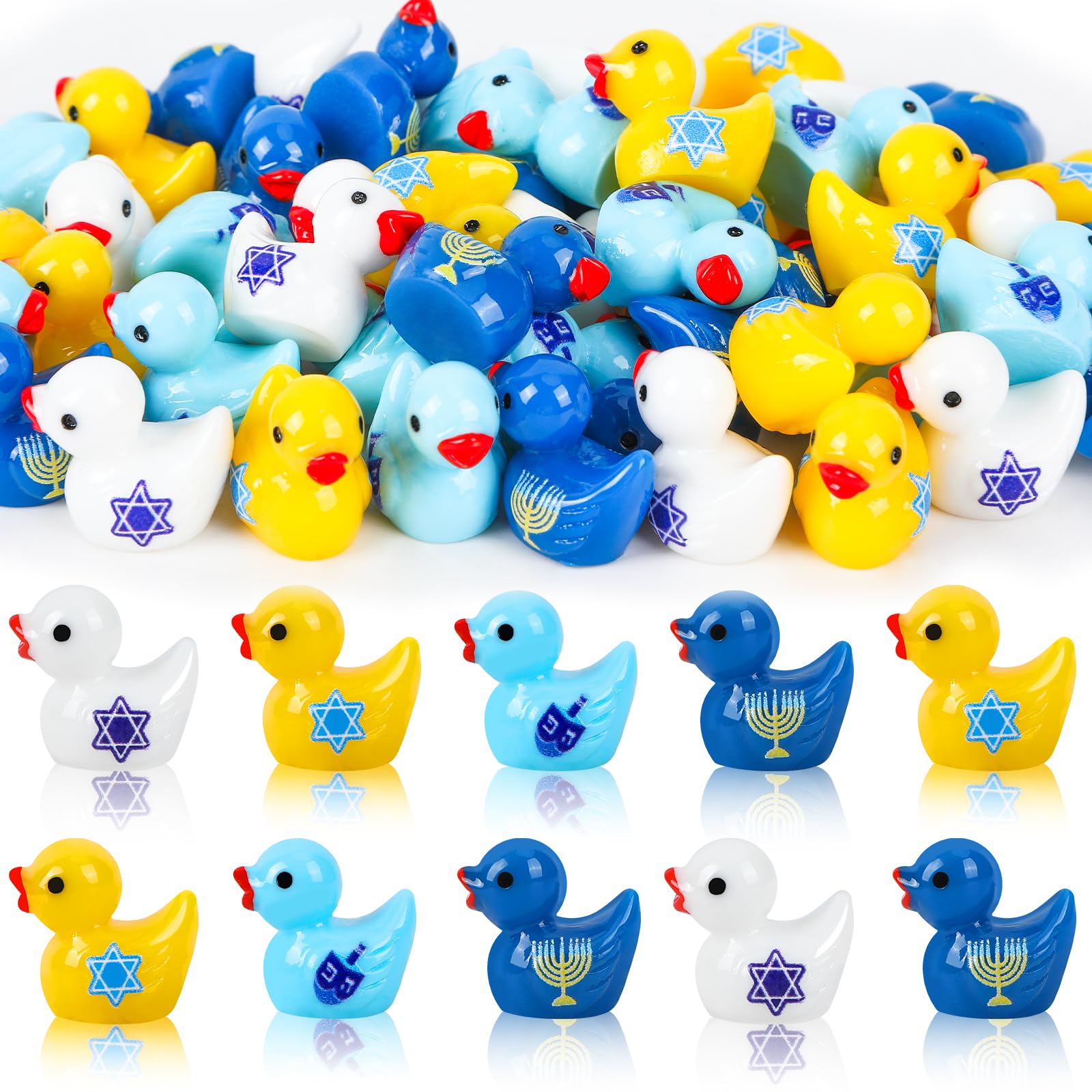 JUNEBRUSHS 50 Pcs Hanukkah Resin Ducks, Star of David Menorah Dreidel Decor