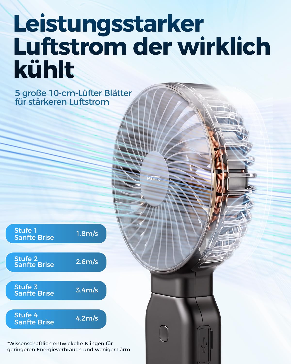 Funme Handventilator 10000mAh, 53H Laufzeit Tragbarer Lüfter mit Powerbank, Ventilator Hand 4 Stufen Großes Flügelrad, 180° Klappbar für Reise Outdoor Camping Büro Tisch - Schwarz