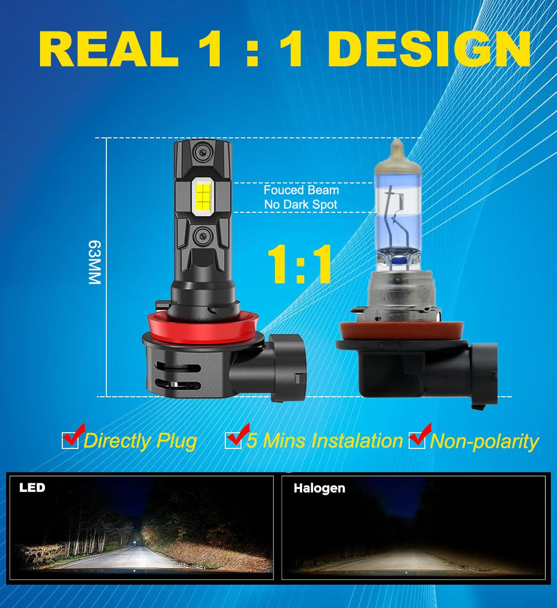 Lampadine H11 Fendinebbia LED Bianco 6500K 12V 50W 6000LM, H8 LED Fendinebbia H11 LED Canbus per Auto Abbagliante Anabbagliante e Fendinebbia, 2pcs