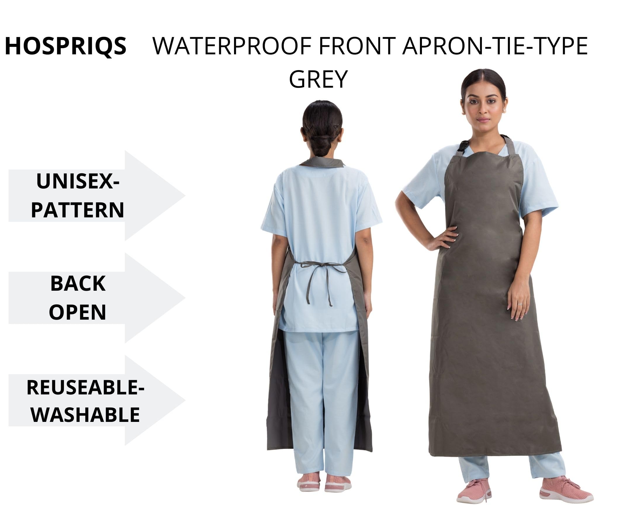 HOSPRIQS Reusable Waterproof Front Apron For Hospital & Home Use Tie-Type | Size - 45”x23” | Grey (Pack Of 1) - Image 5 thumbnail