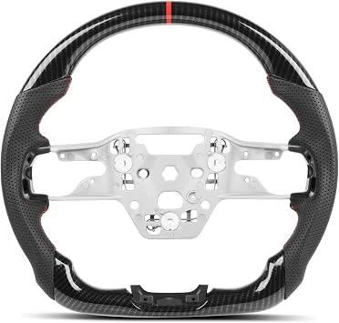 Hydro-dip Carbon Fiber Steering Wheel for Ford Mustang 2024-2026 S650 GT Dark Horse EcoBoost, Track Style Red Stitching & Stripe, Flat Bottom Sport Grip Replacement Interior Upgrade, No Heating