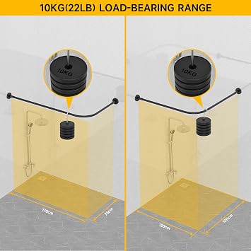 Shower Curtain Rail Rod L Shape, Adjustable Shower Curtain Rail 95x175 cm/100x165 cm Stainless Steel Curved Shower Rail,Black Shower Pole with Stainless Rings for Bathroom Locker Room