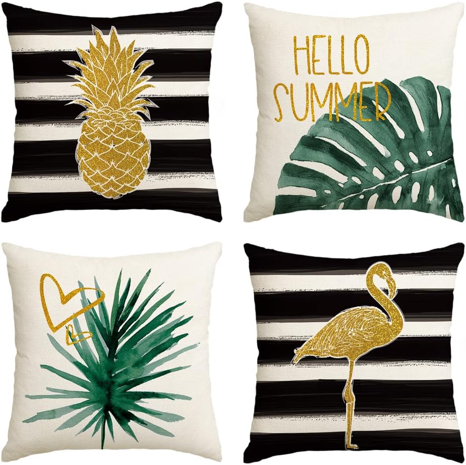 AVOIN colorlife Watercolor Stripes Tropical Plants Throw Pillow Cover, 18 x 18 Inch Pineapple Flamingo Monstera Cushion Case for Sofa Couch Set of 4
