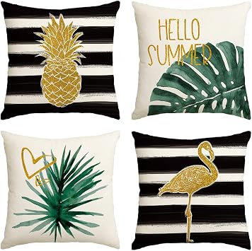 AVOIN colorlife Watercolor Stripes Tropical Plants Throw Pillow Cover, 18 x 18 Inch Pineapple Flamingo Monstera Cushion Case for Sofa Couch Set of 4