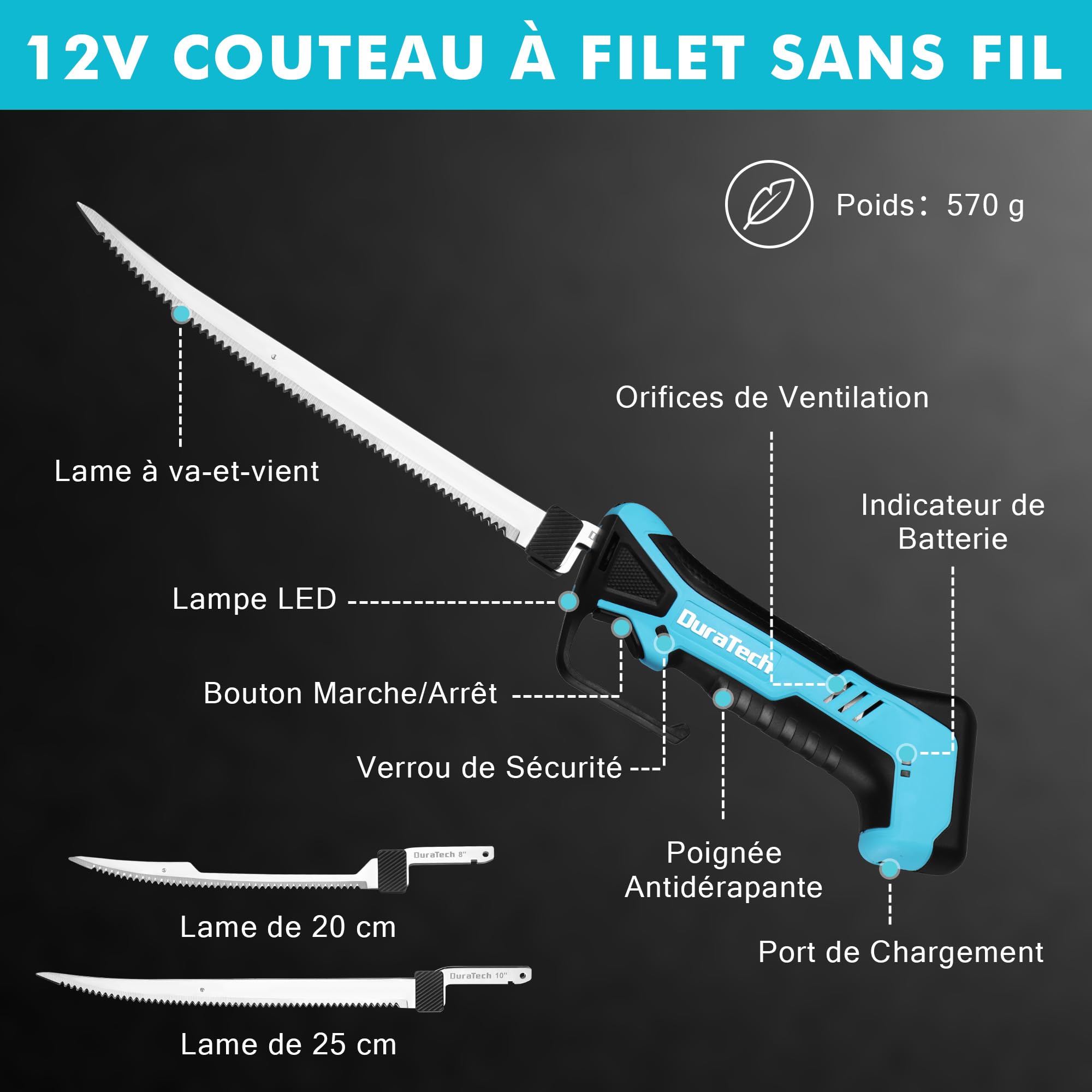 DURATECH Couteau à Filet Électrique sans Fil, Couteau à Filet de Poisson Rechargeable avec 2 Lames(20cm/25cm), Poignée Antidérapante, Verrou de Sécurité, LED, Idéal pour Cuisine, Pêche, Professionnels