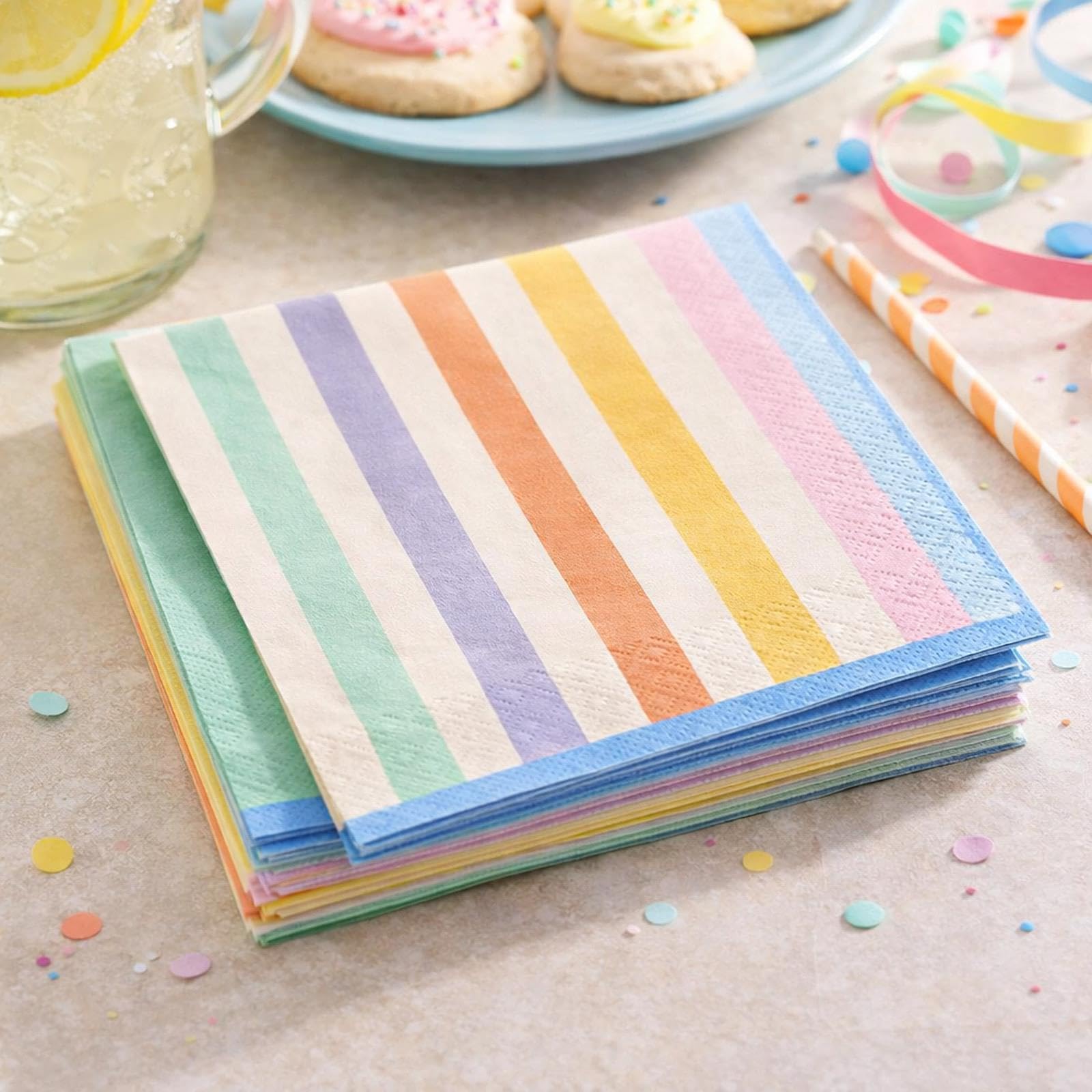Pastel Stripe Paper Napkins, Birthday Party Tableware (Pack of 20)