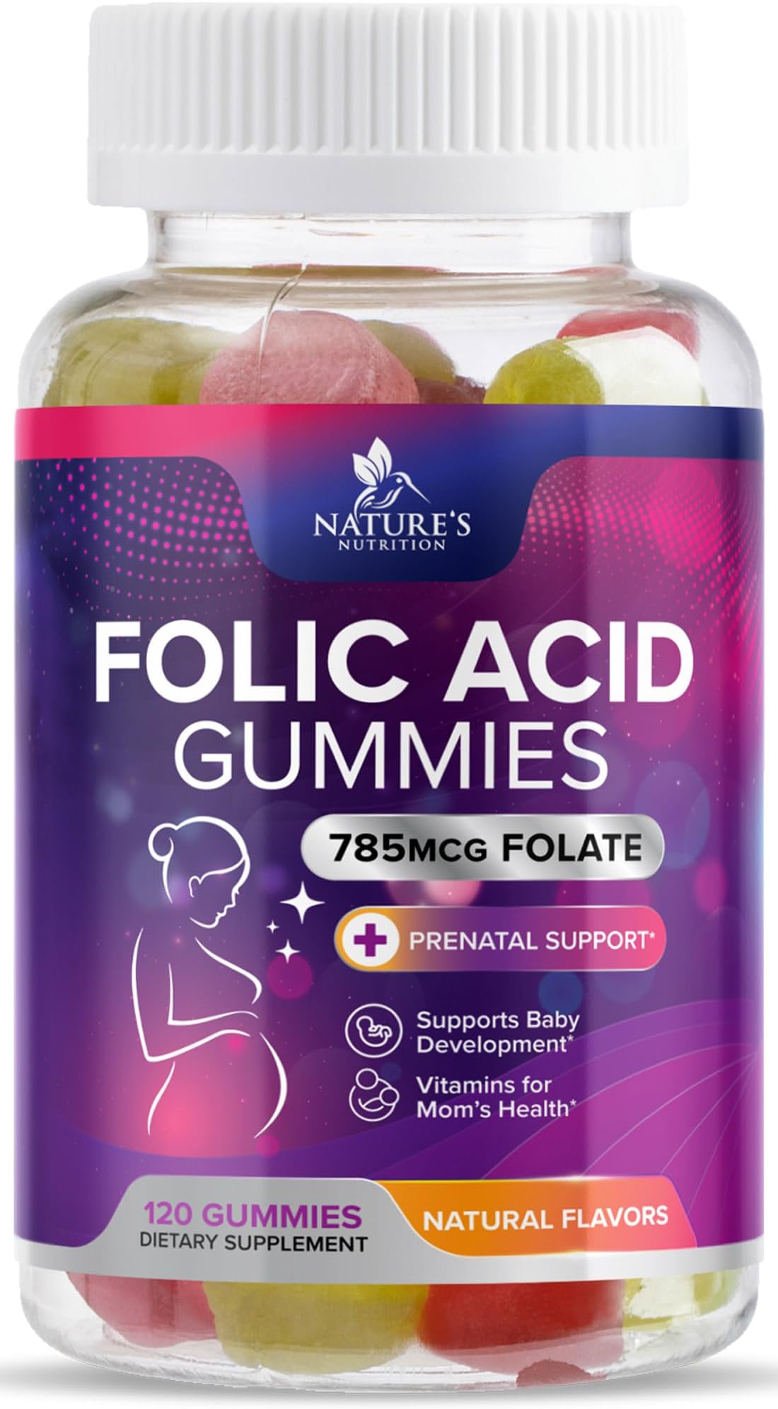 Folic Acid Gummies for Women 785 mcg, Essential Prenatal Vitamins for Mom & Baby, Vegan Folic Supplement Gummy, Vitamin B9 Chewable Extra Strength Folate, Before During After Pregnancy - 120 Gummies