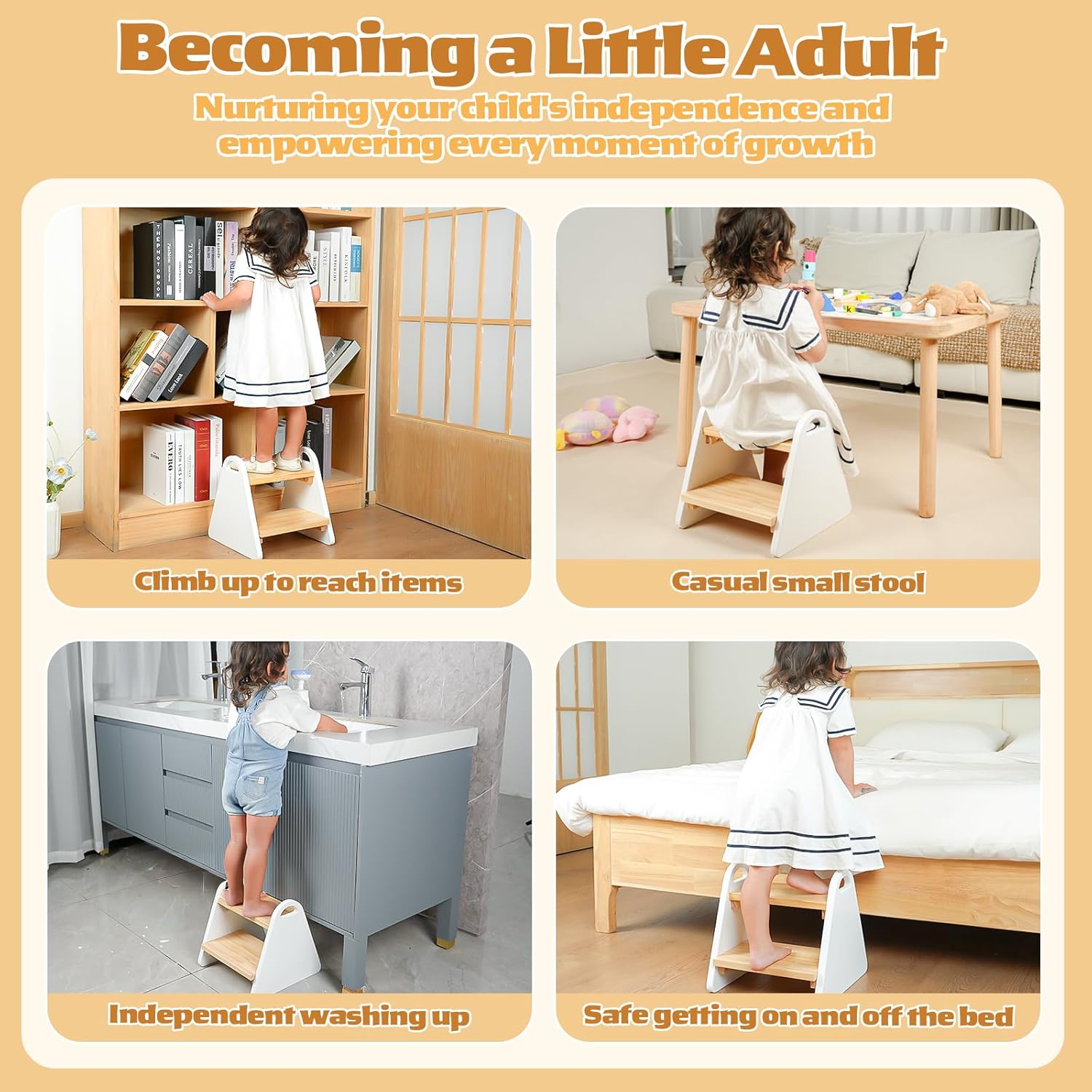 Toddler Step Stool, Wooden Step Stools for Kids, Kids Potty Training Stool with Handles, Rounded Corners Child Stepping Stool for Bathroom Sink, Kitchen, Bedroom (White)