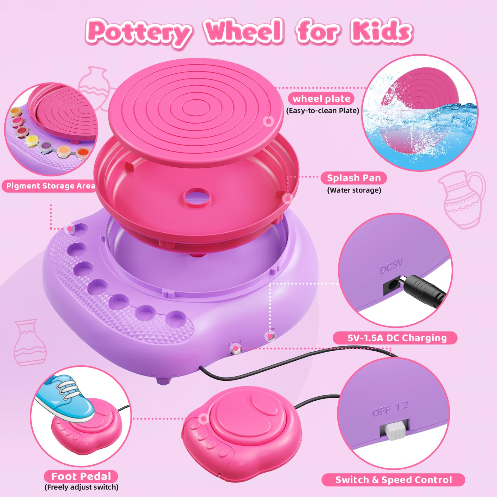 Kit Creativo Bambini 6 7 8 9 10 11 12 Anni - Tornio per Ceramica Bambini con Argilla e Colori, Set Creativo Regalo, Kit Ceramica Argilla Autoindurente Regalo Pasqua Natale Compleanno Bambino Bambina