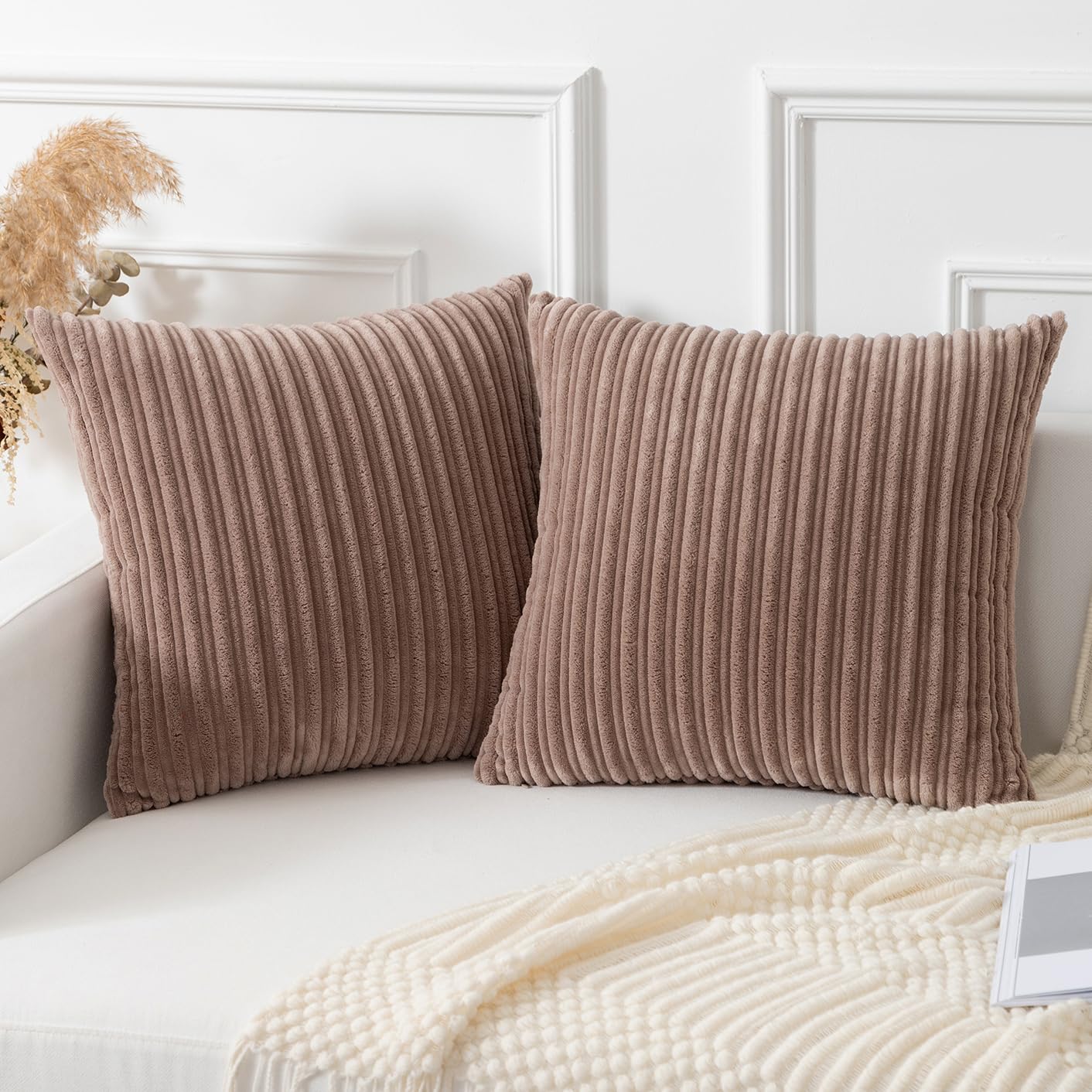Kevin Textile Throw Pillow Covers Soft Corduroy Decorative Set of 2 Boho Striped Pillow Covers Pillowcases Farmhouse Home Decor for Couch Bed Sofa Living Room 16x16 Inch Light Brown