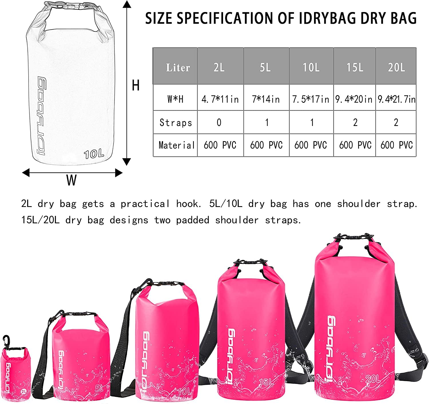 IDRYBAG Sacca Impermeabile per Kayak Impermeabili 2L/5L/10L/15L/20L/30L/40L, Sacchetto Impermeabile Piccolo che Galleggia, Sacca Impermeabile per Paddleboarding e Viaggi