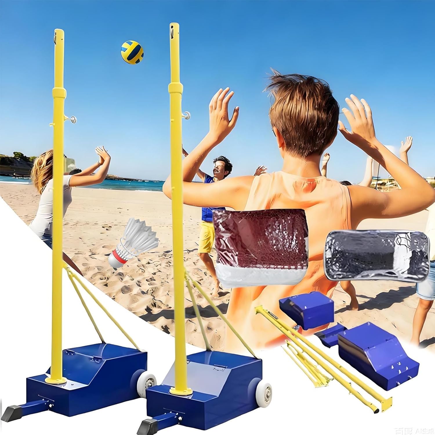 Volleyball Poles for Backyard-Volleyball Net/Badminton Net, Indoor& Outdoor Heavy Duty Volleyball Poles, Ground Steel Volleyball Pole Set Adjustable 4 Heights of 5ft-6.9ft with Wheels/Net