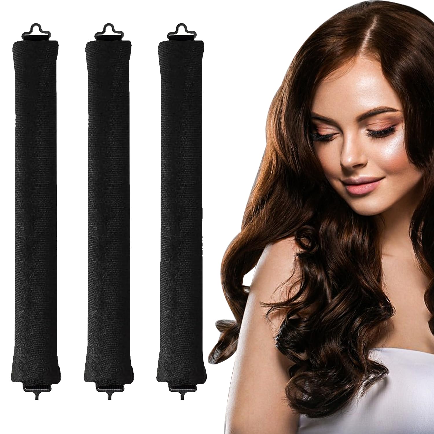 elook 3PCS Heatless Curlers, High Resilience Hair Rollers Lazy Heatless Blowout Rods, Soft Velvet Thick Flexi Rods with Hook