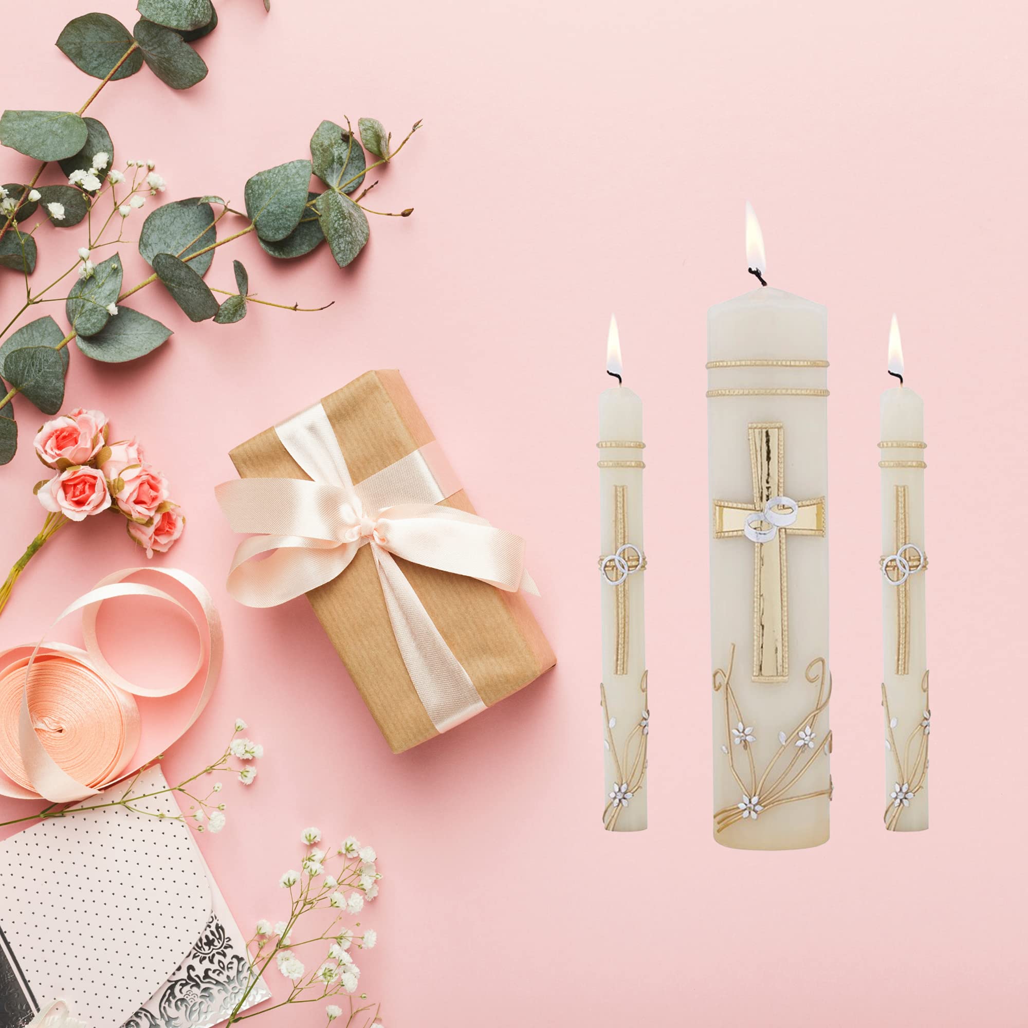Unity Candle Set Per Matrimonio - Candela Pilastro 15 Cm E Due Coniche 25 Cm - Fatte A Mano, Lunga Combustione - 3