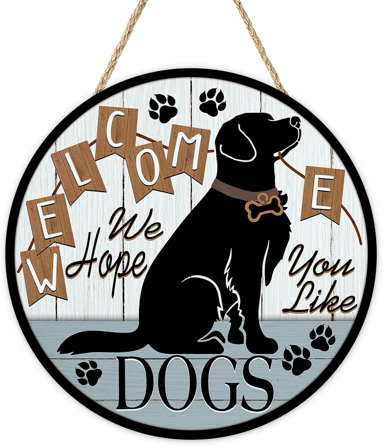 Dogs Welcome People Tolerated Front Door Sign, Funny Bone Paw Print | Wood Hanger Outdoor Outside Porch Home Decor Pet Owner Lover Gift, Farmhouse Wooden Wreath Indoor Wall Hanging Decoration
