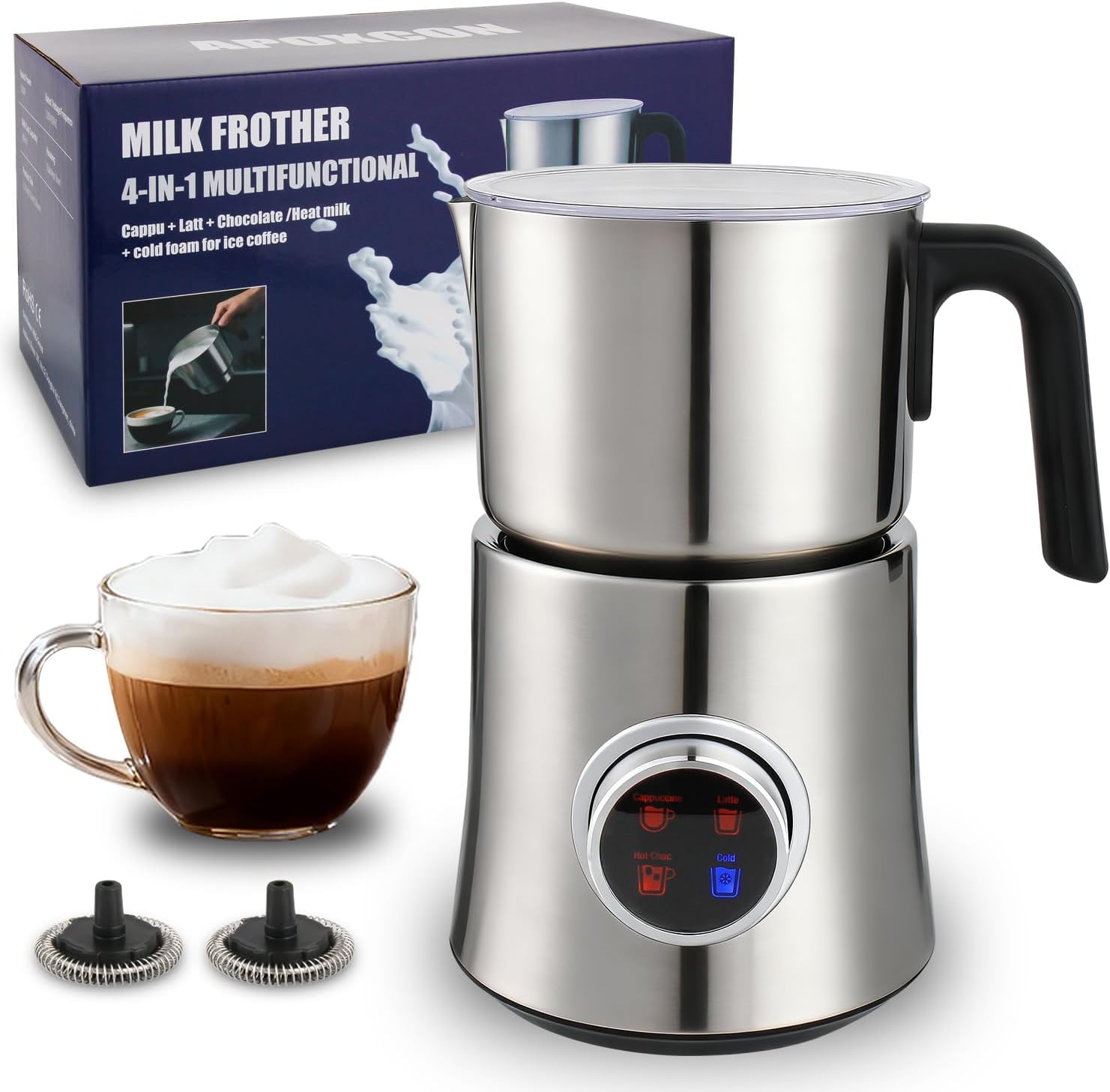 Electric Milk Frother and Steamer, 4-in-1 Hot & Cold Foam Maker for Coffee 17oz Stainless Steel Frother Machine with LED Display Rotary Knob Milk Warmer Hot Chocolate Maker Dishwasher Safe
