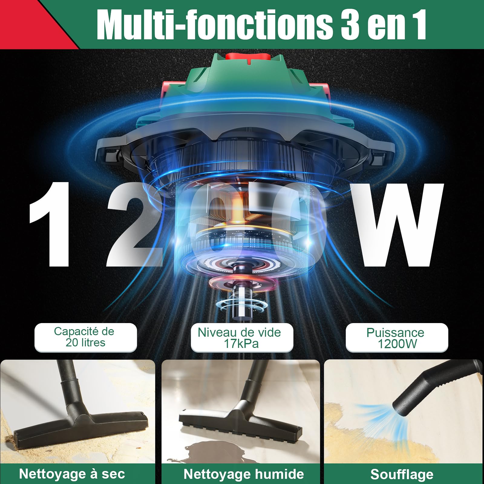 HYCHIKA 1200W Aspirateur Eau et Poussiere, Réservoir en Acier Inoxydable de 20 litres, avec Filtre HEPA et Accessoires, idéal pour la Maison, l'atelier, Le Garage et la Voiture