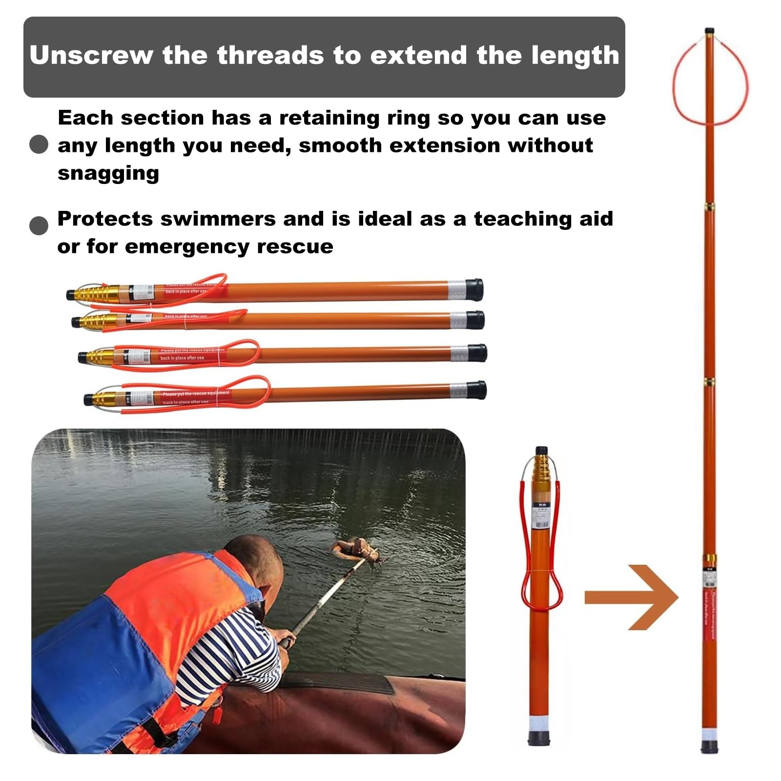 Poste De Rescate De Seguridad For Piscina Naranja,poste Salvavidas Retráctil De Fibra Vidrio De 1,2 A 10m For Adultos Y Niños,equipo Ligero Rescate Acuático For Lagos,barcos Y Parques Acuáticos(L1.2~5