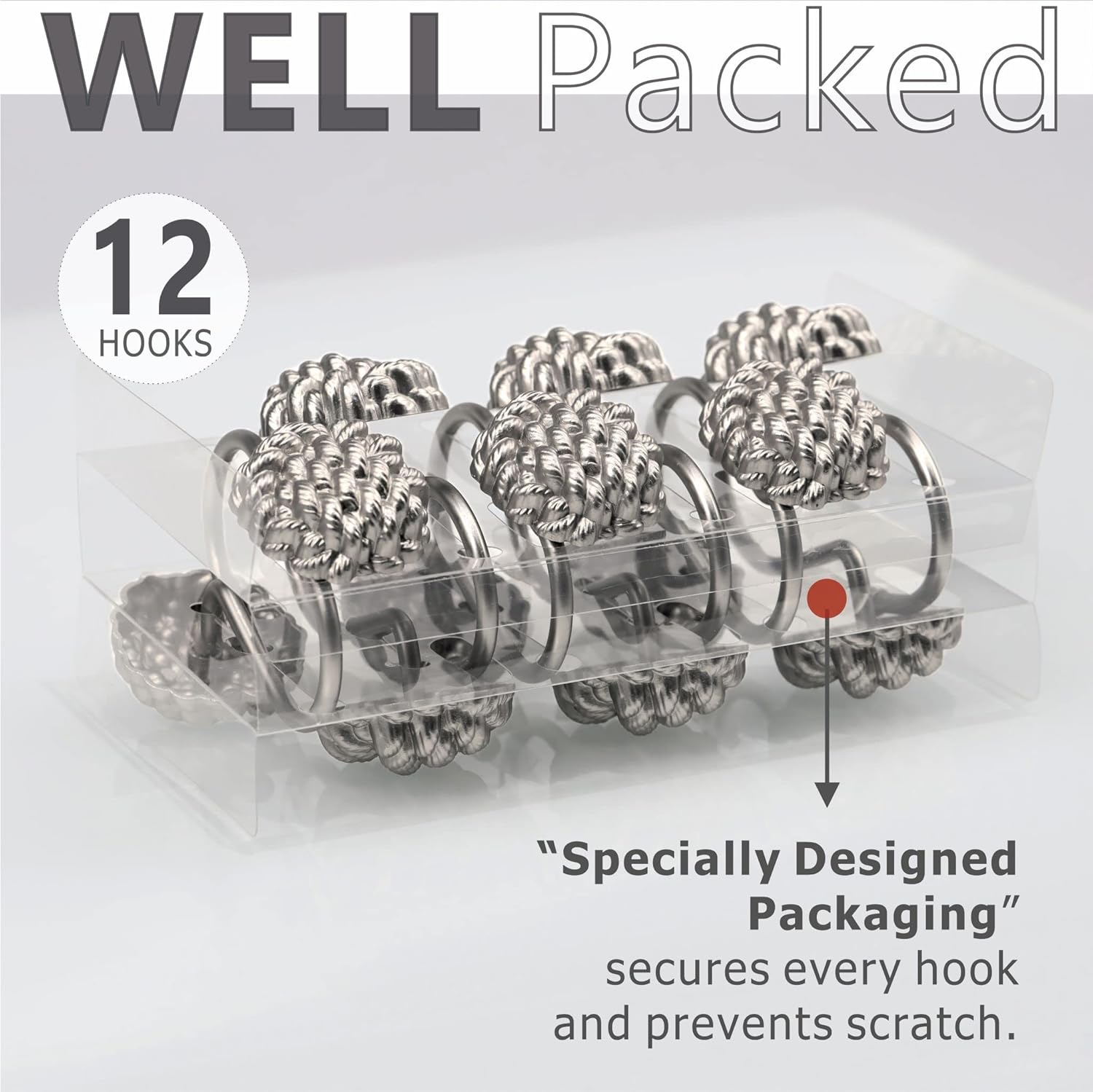 Silver Shower Curtain & Nickel Knot Shower Curtain Hooks - 72x72 Waterproof Washable Sparkle Glitter Fabric Shower Curtain - 12 PCS Rust Proof Metal Shower Curtain Rings (2 Item Bundle)