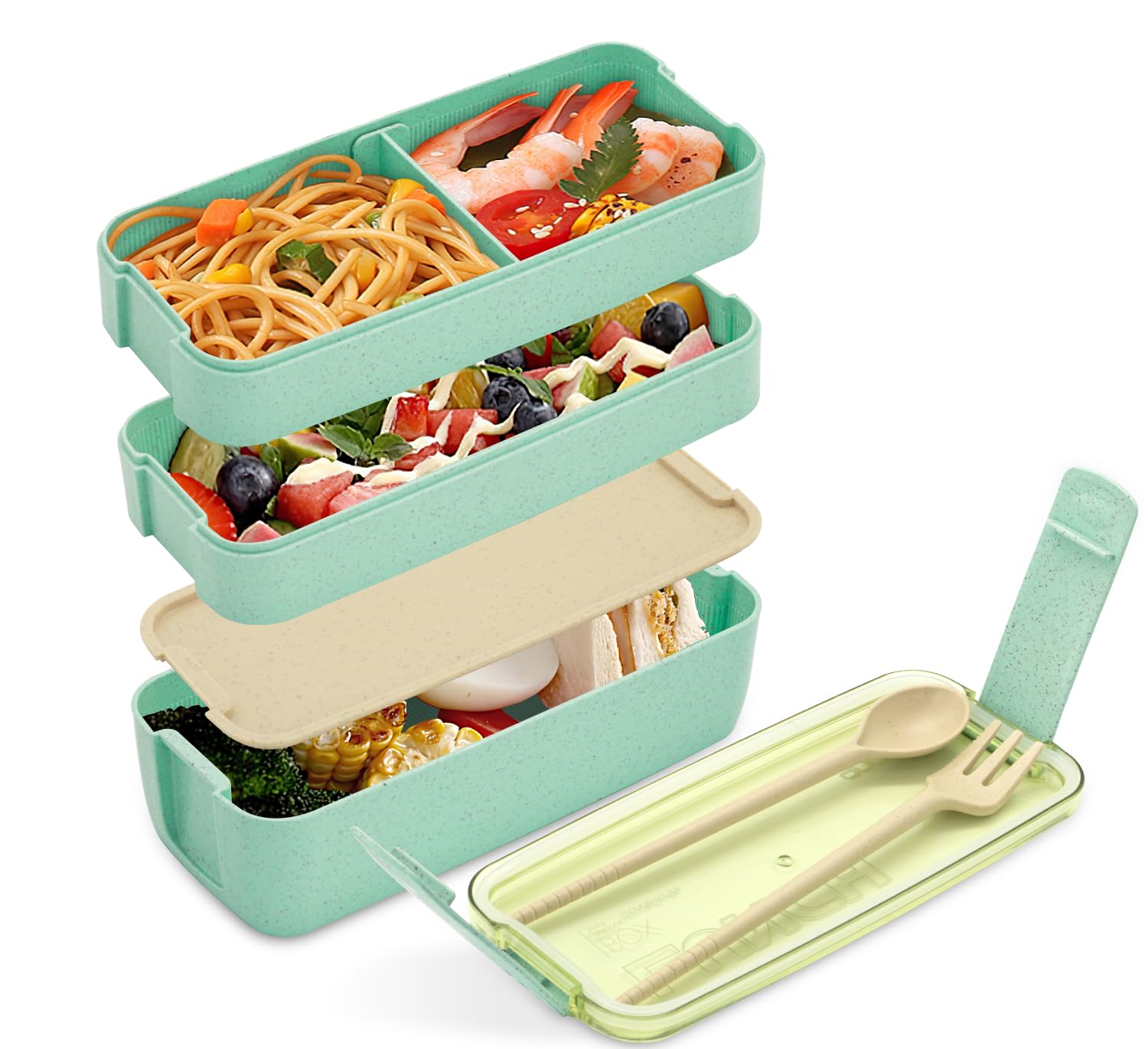 KDBFHAL Bento Box Adult Lunch Box, Stackable 3-In-1 Compartment Bento Containers Kit with Spoon&Fork, Wheat Straw Meal Prep Containers Green
