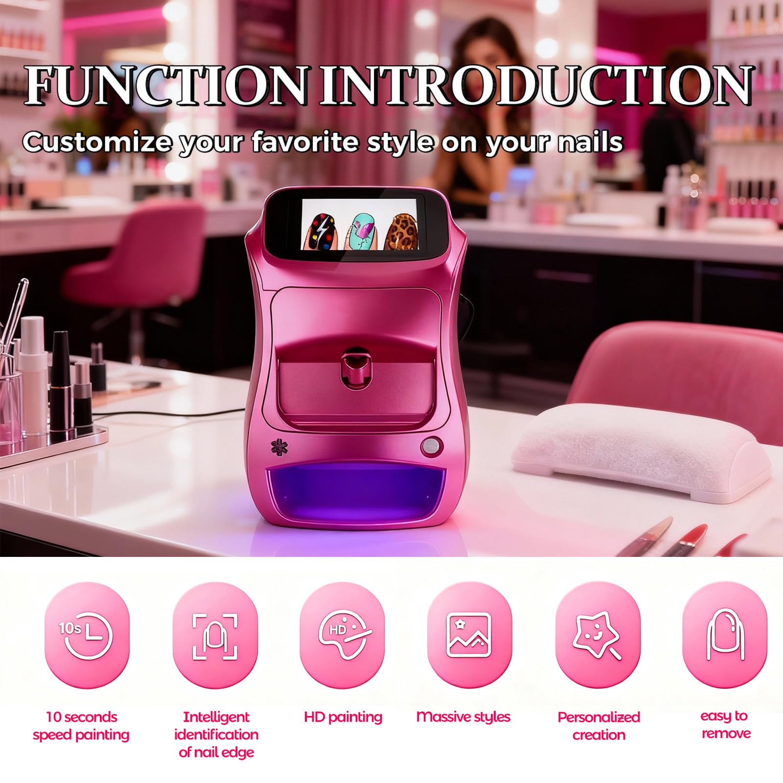 Stampante per Unghie Gel, Stampante per Unghie Elettrica, Disegno rapido 10s, Stampante per Unghie con App e Bluetooth, Stampante per Unghie Professionale, per DIY,Studi per Unghie Pink