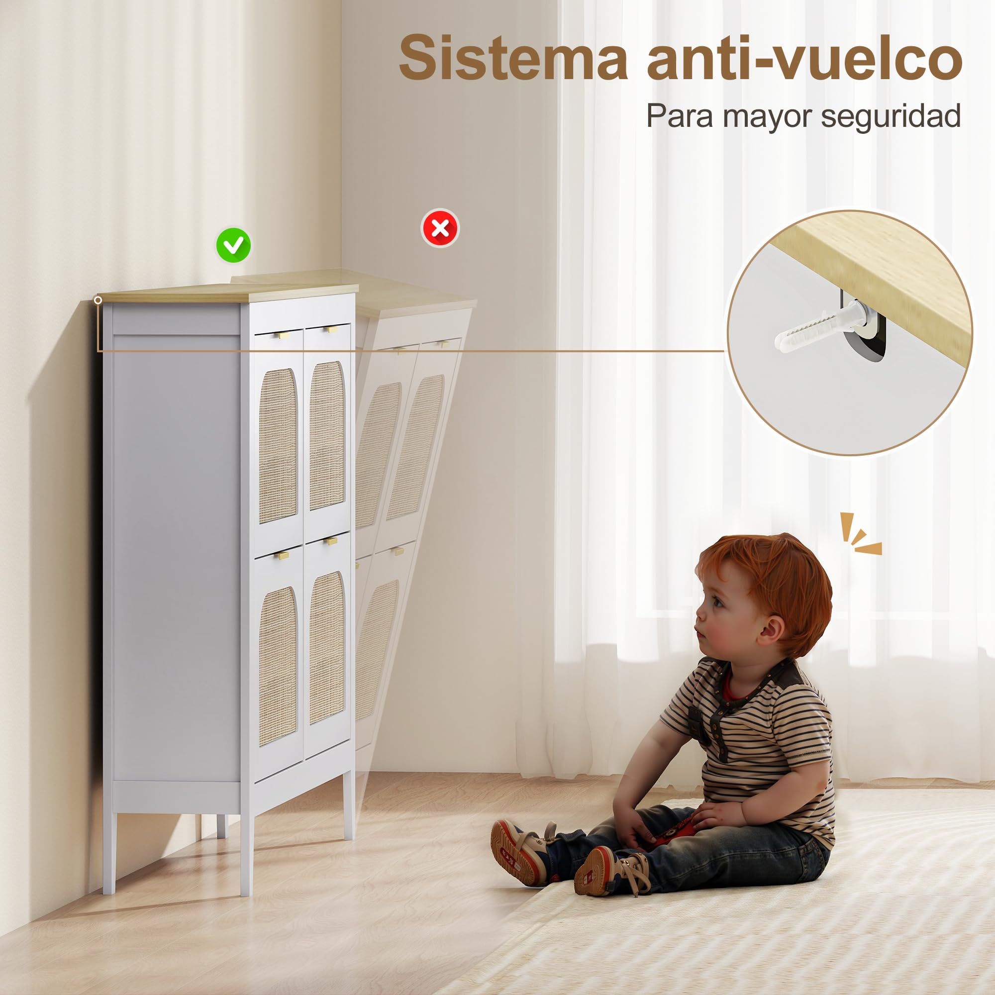 HOMCOM Zapatero Estrecho con 4 Puertas de Ratán Zapatero Entrada Recibidor con Estantes Ajustables para 20 Pares de Zapatos 105x24x95,5 cm Blanco