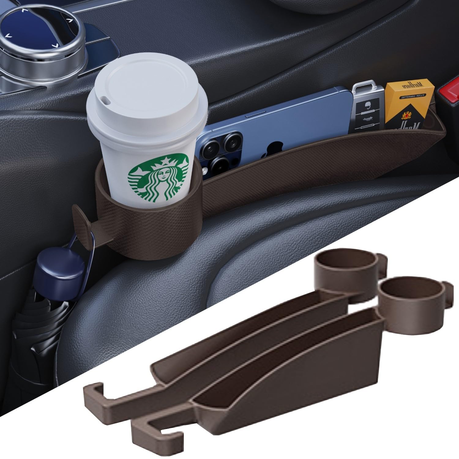 Car Seat Gap Plug with Storage Slot, Auto Gap Filler Organizer with Cup Holder, Universal Carseat Side Gap Filler Strip 2 Pack Between Front Seats &amp; Console, Anti-Drop Pad with Seatbelt Holes, Brown