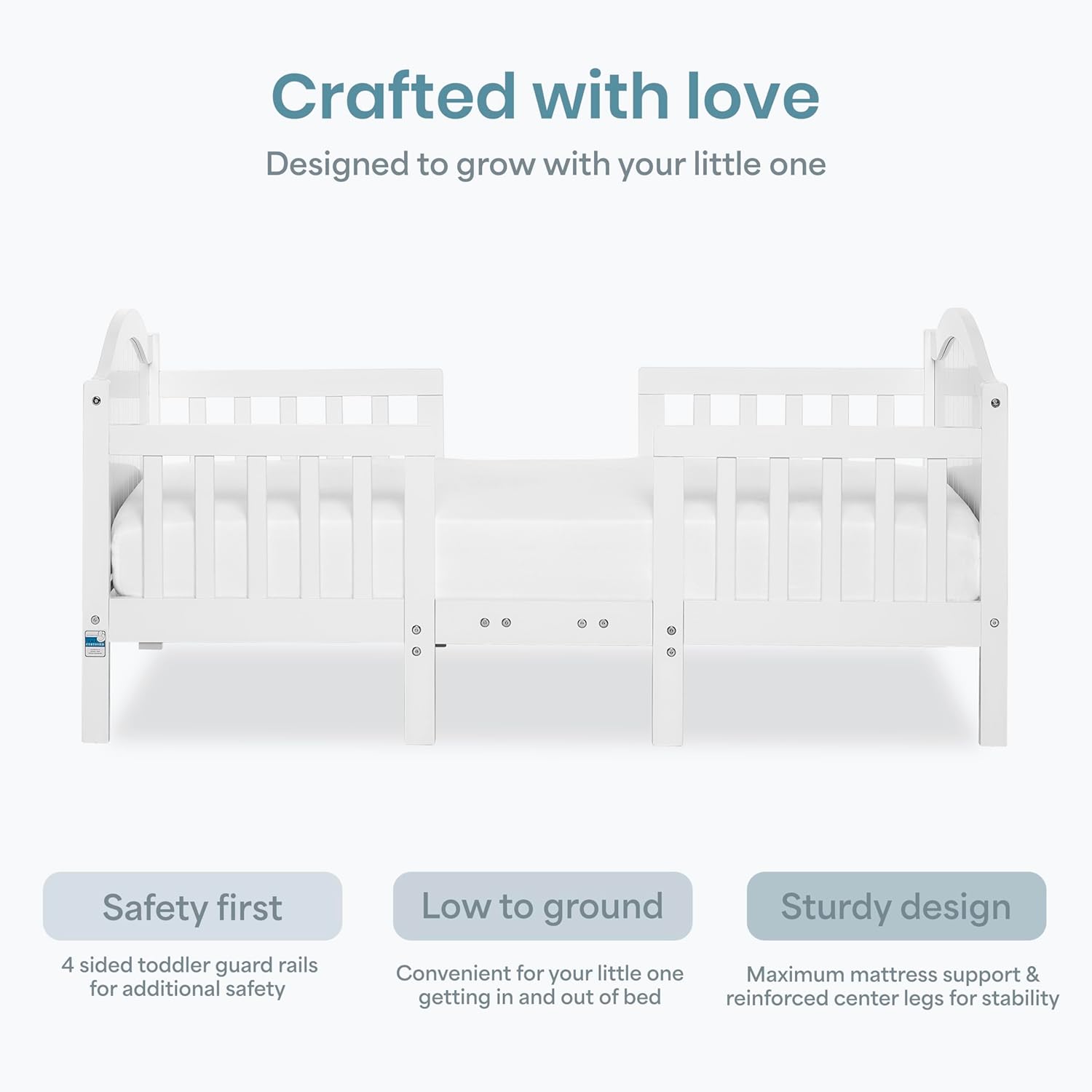 Dream On Me Portland 3-in-1 Convertible Toddler Bed, Converts to 2 Chairs & Table, Low Floor Design with 4 Safety Guard Rails, Baby Safety Alliance & Greenguard Gold Certified - White
