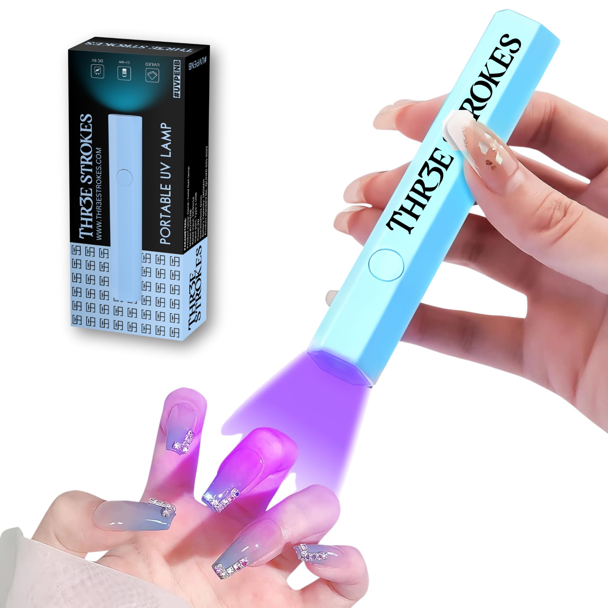THR3E STROKES Mini UV Light for Gel Nails - Portable Mini Nail Lamp,3W Handheld UV Light for Nails Pen Shape Nail Dryer Professional Led Light for Resin (BLUE)