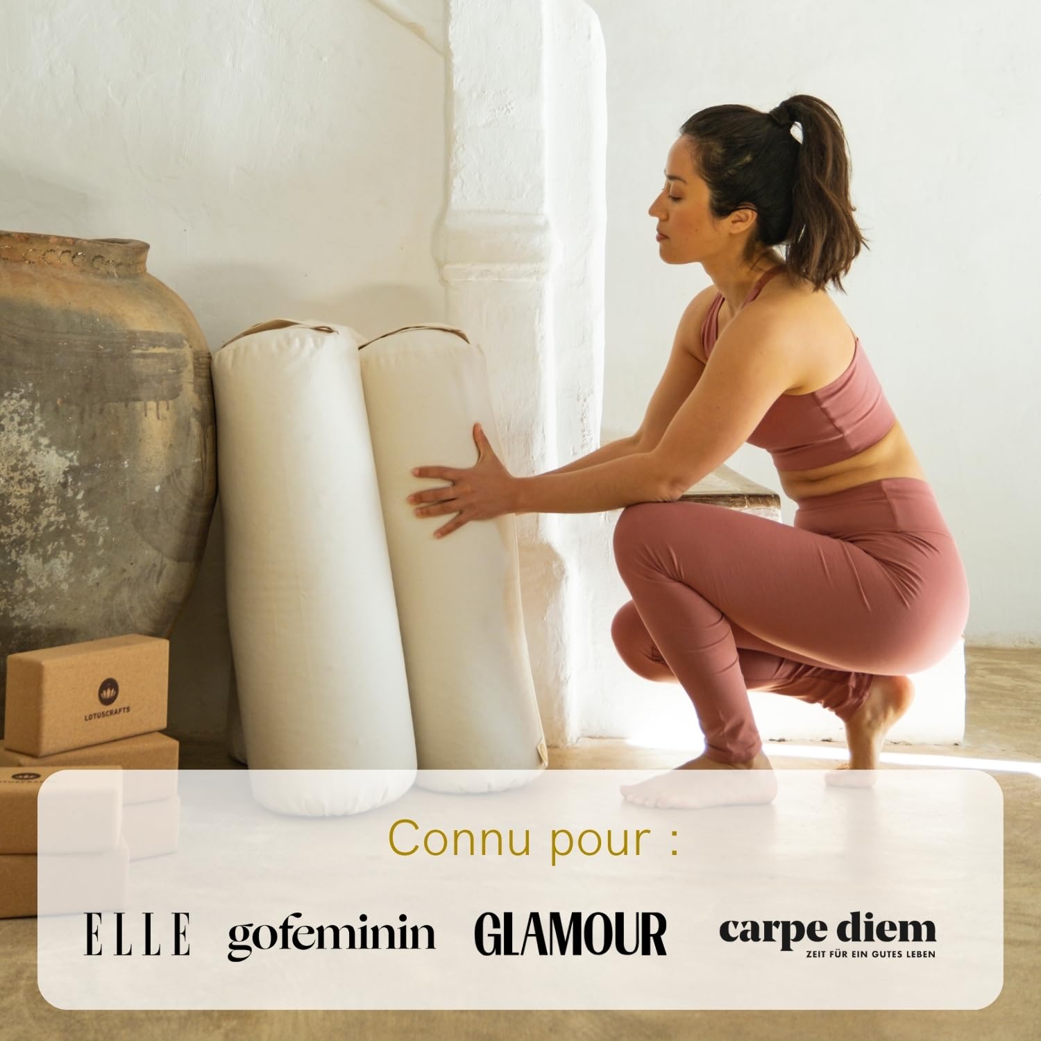 Lotuscrafts Rouleau de yoga pour Yin Yoga, certifié GOTS, rouleau de avec rembourrage en épeautre, housse en coton lavable, bolster, coussin yoga, pilates