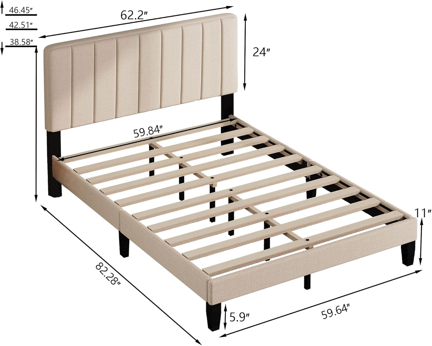 Bed Frames, Queen Bed Frames with Linen Upholstered Headboard, Without Box Spring Needed, Easily Assembly with Sturdily Wood, Withoutn-Slip Without Noise (Beige)