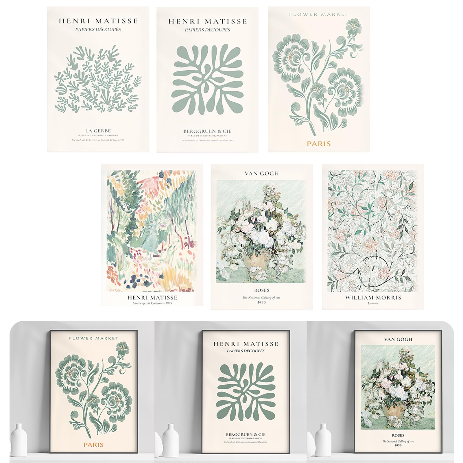 Sage Green Room Decor, 6Pcs Abstract Wall Art Boho Simple Vintage Artwork Posters Set Creative Small Fresh Nordic Hanging Painting Suitable for Living Room Bedroom Home Aesthetic Decoration(25x20cm)